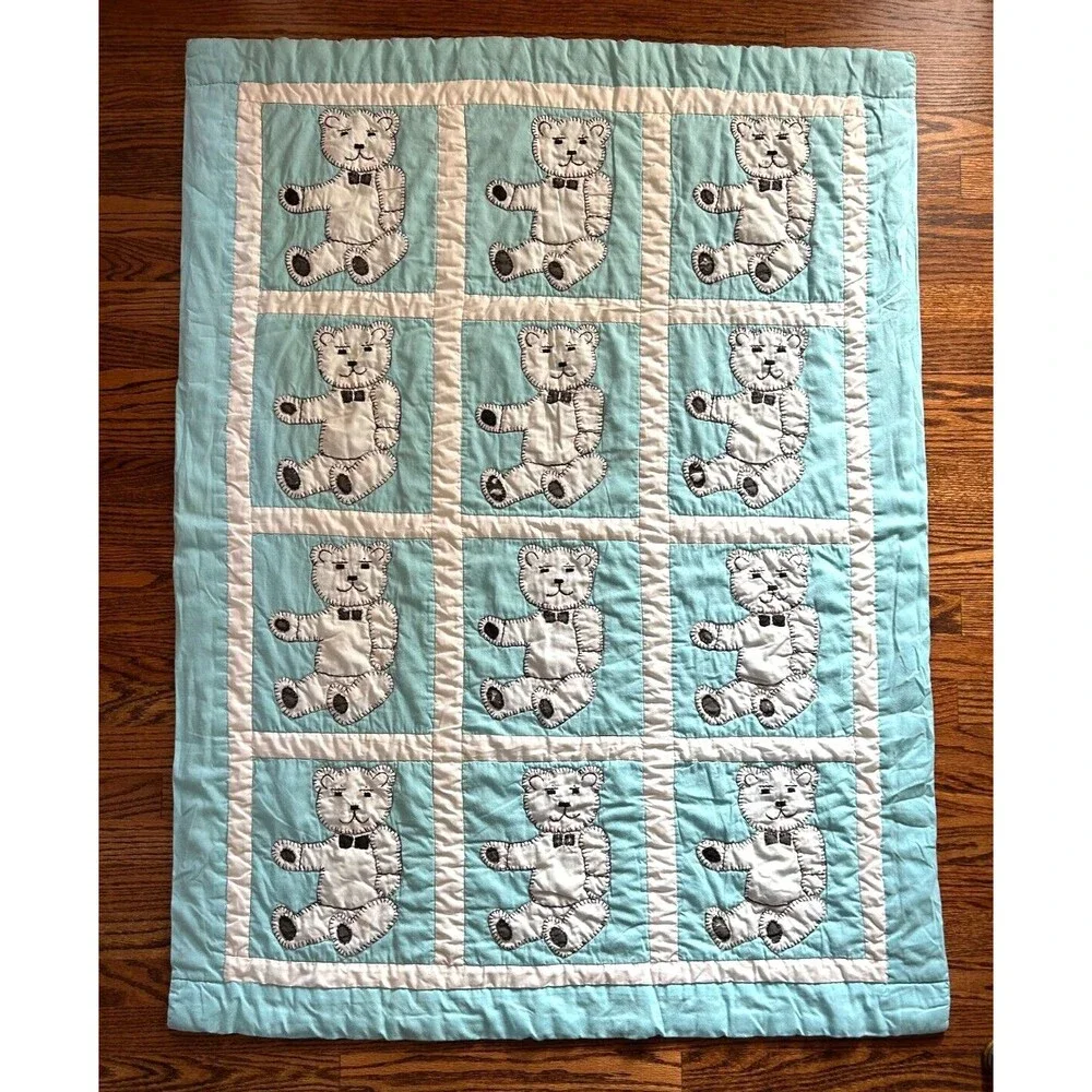Handmade White with Blue Teddy Bear Hand Quilted Baby Toddler Blanket 50 X 39